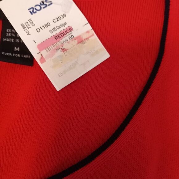 NWT FINITY M Red/Black Striped Cardigan One Button Long Sleeve Knit Open - Picture 5 of 11